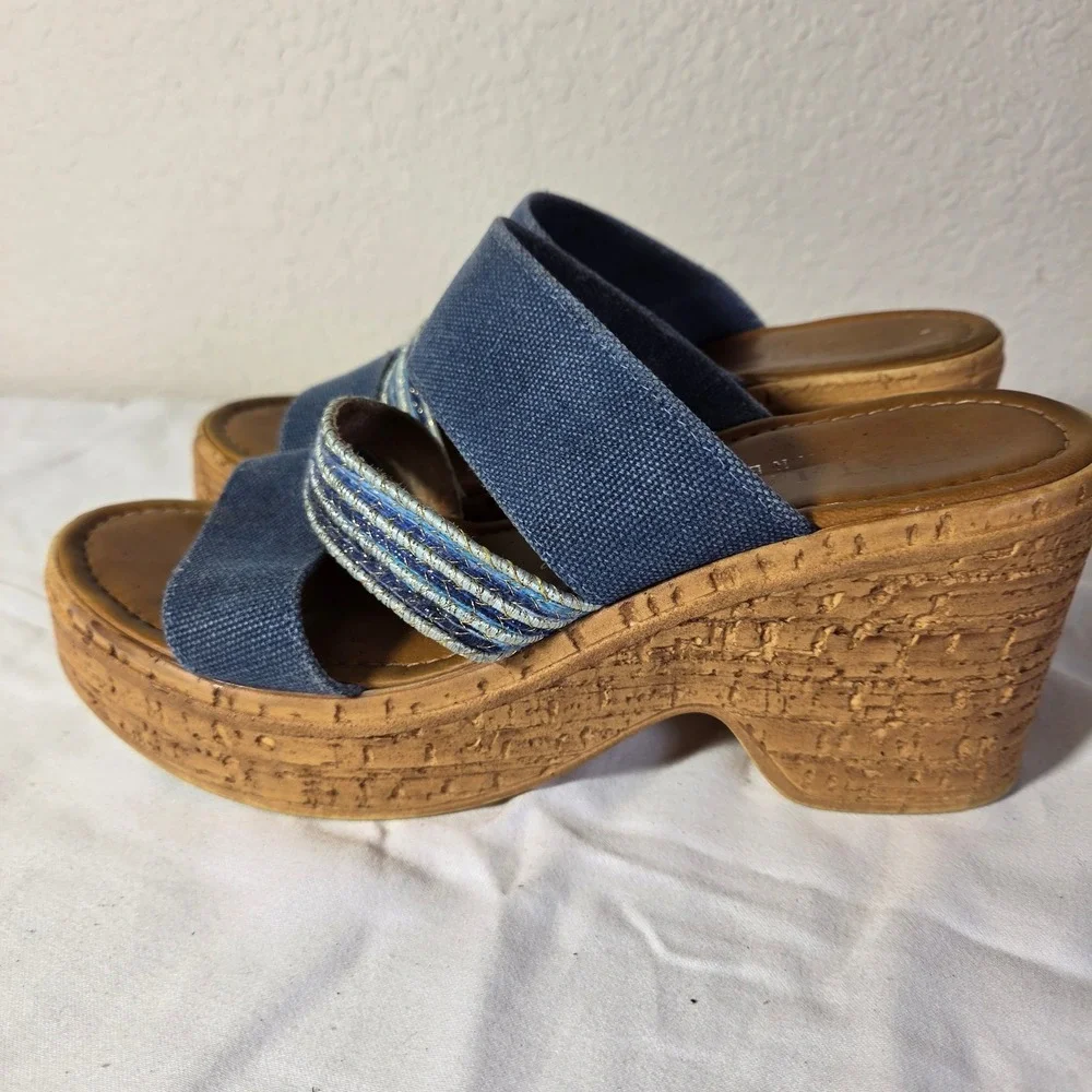 Italian Shoemakers Womens Blue Canvas Cork Platform Wedge Sandals Size 8 Italy